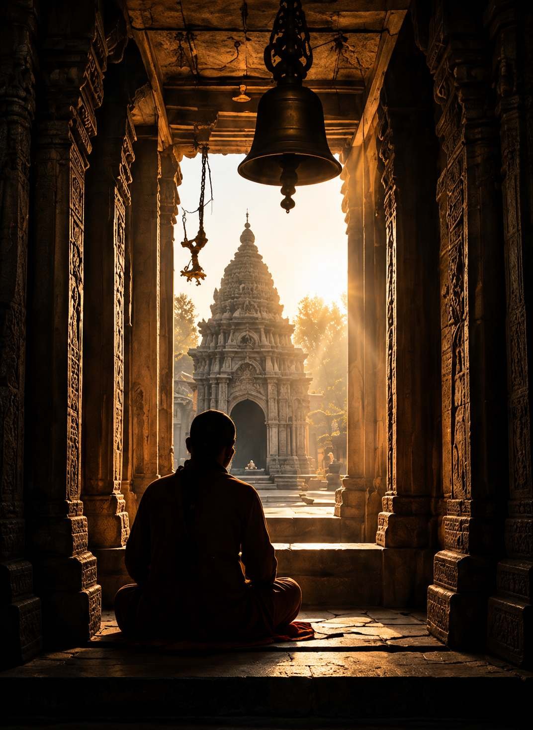 मंदिर परिसर में ध्यान का दृश्य